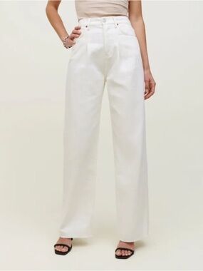 Reformation Pleated Reworked High Rise Wide Leg White Jeans
